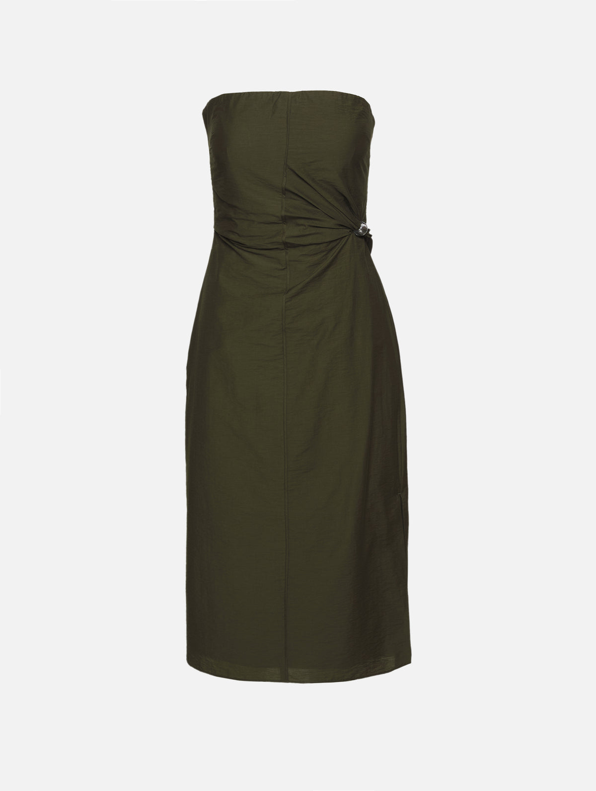 strapless midi dress casual Sorel Strapless Midi Dress in Dark Olive Green / 2