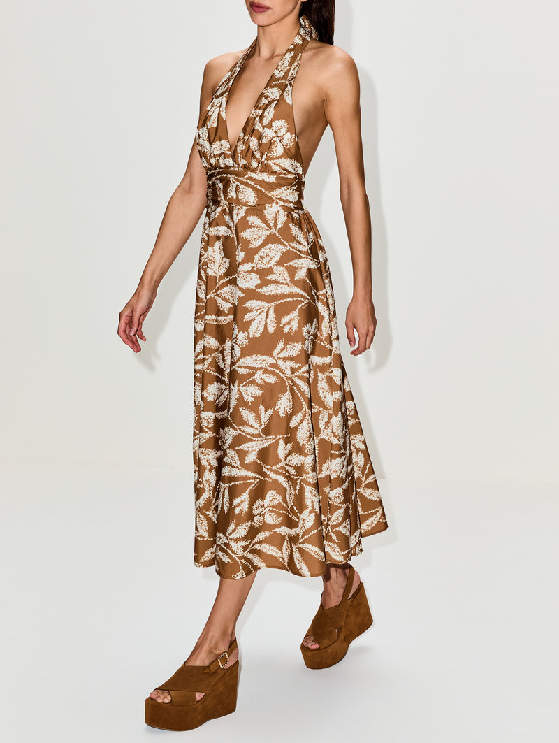 max mara cocktail dress Max Mara Women's Long Dress in Printed Poplin - Caramel