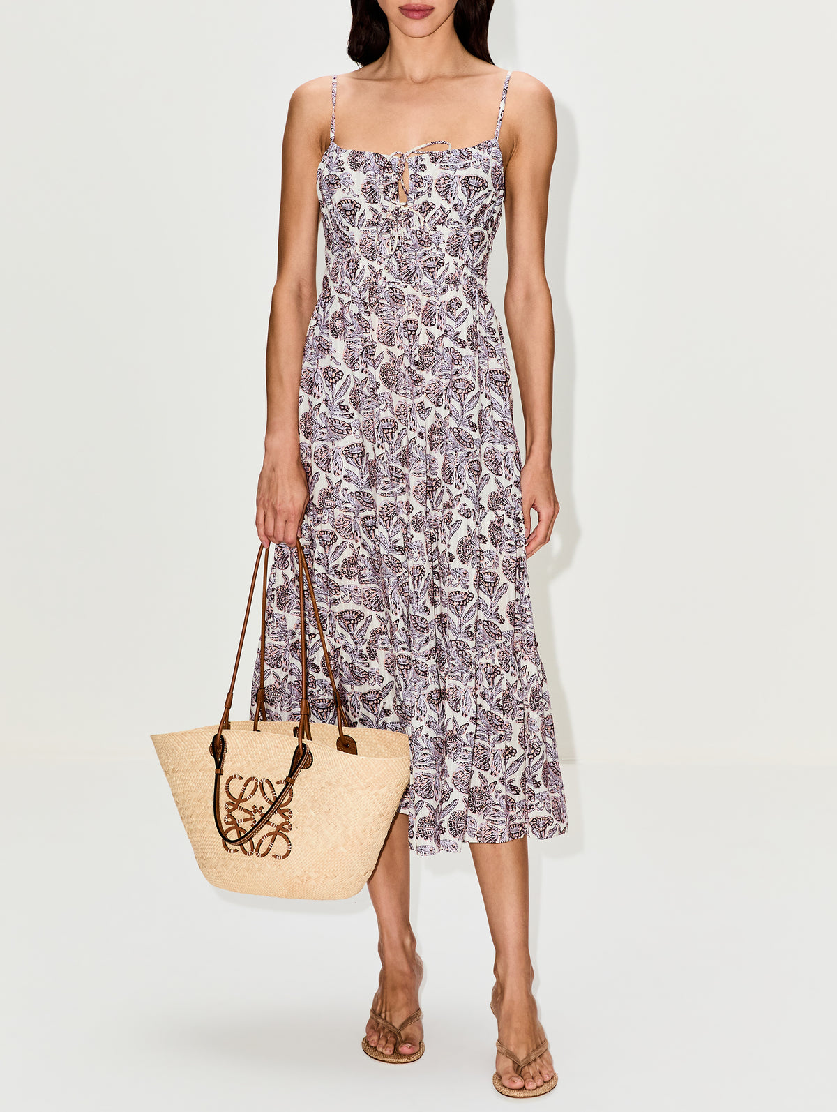 Ulla Johnson | Women's Striped Aydin Cami Midi Dress in Beige Floral Print Cotton Tiered Midi Dress Size 8