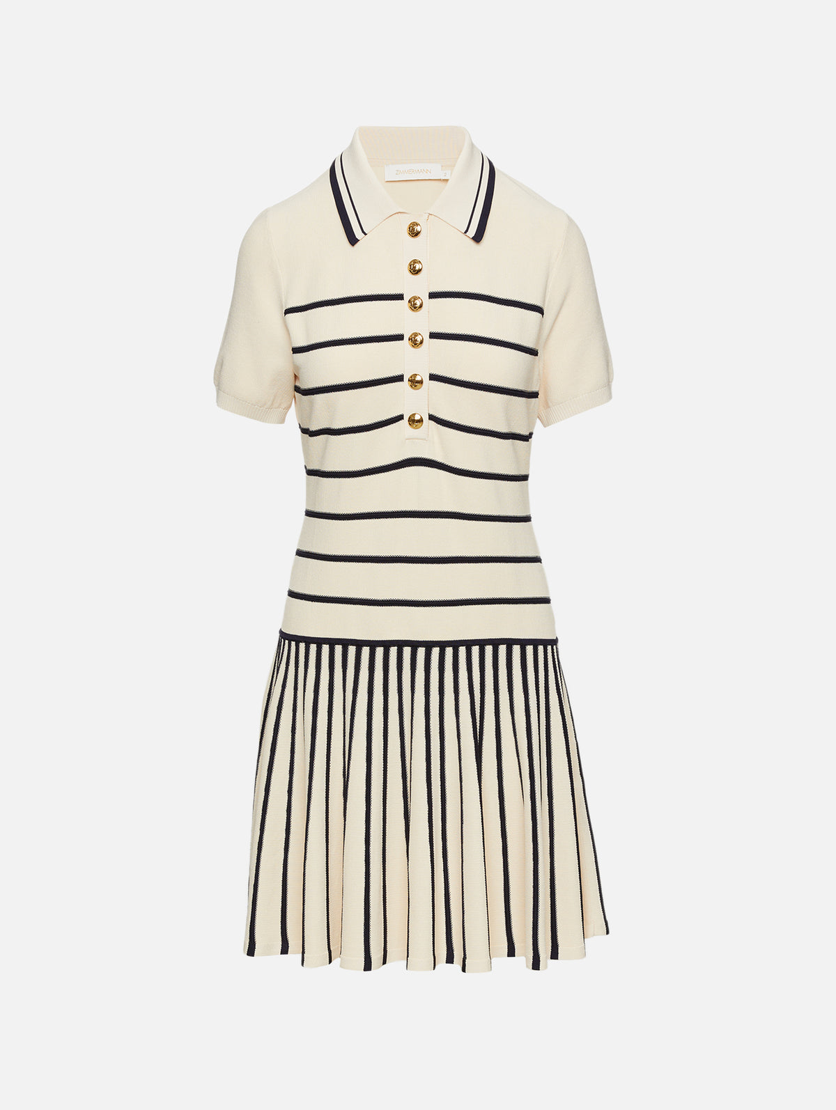 ZIMMERMANN Luna Striped Polo Mini Dress | Women's Designer Knit Short Sleeve Dress | Cream/Navy