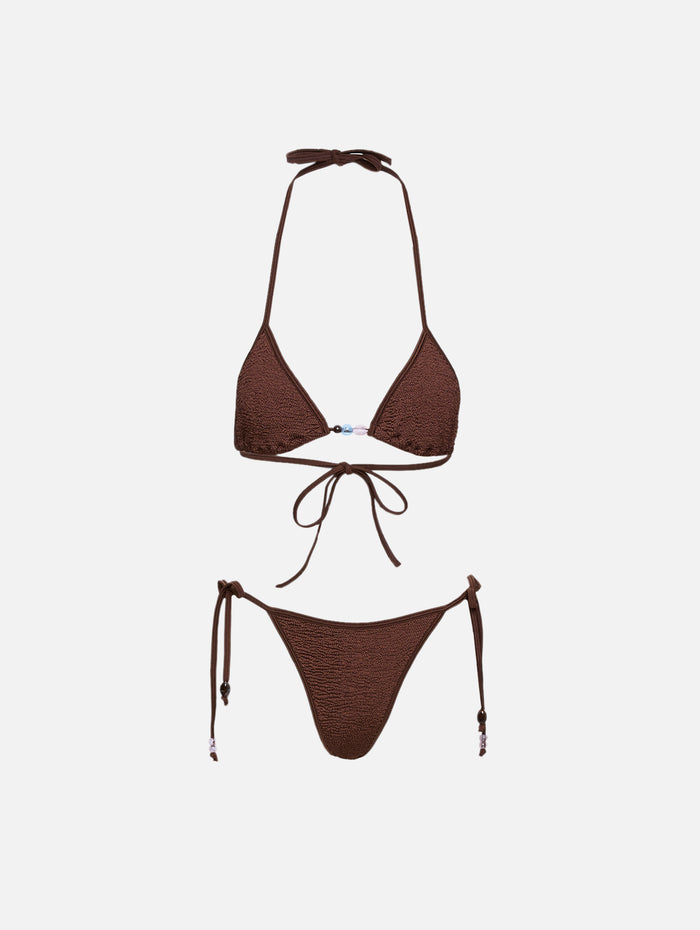 Gina Beaded Bikini,HUNZA G,METALLIC CHOCOLATE,Image 1