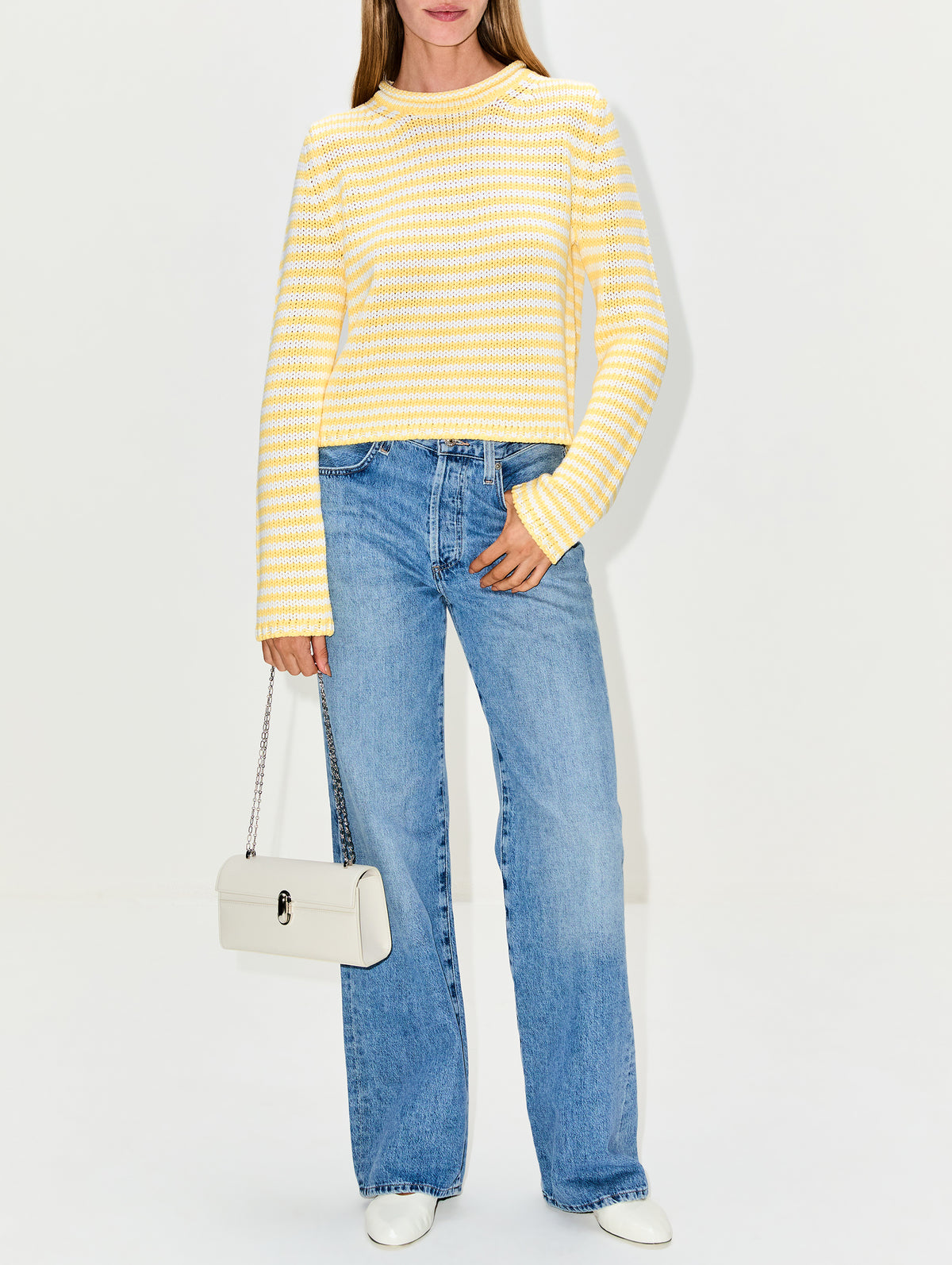 Fine Stripe Mini Marina Sweater,LA LIGNE,SUNSHINE CREAM,Image 2