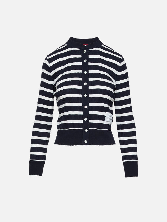 Long Sleeve Cardigan,THOM BROWNE,NAVY WHITE,Image 1