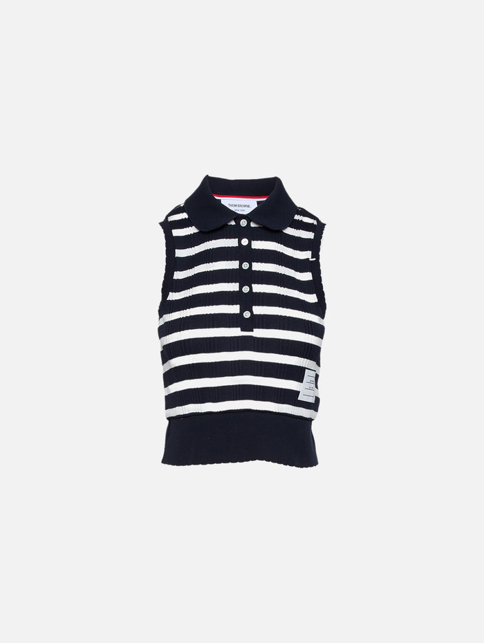 Round Collar Polo Top,THOM BROWNE,NAVY WHITE,Image 1