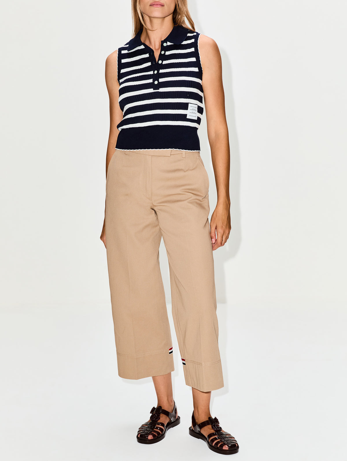 Round Collar Polo Top,THOM BROWNE,NAVY WHITE,Image 2