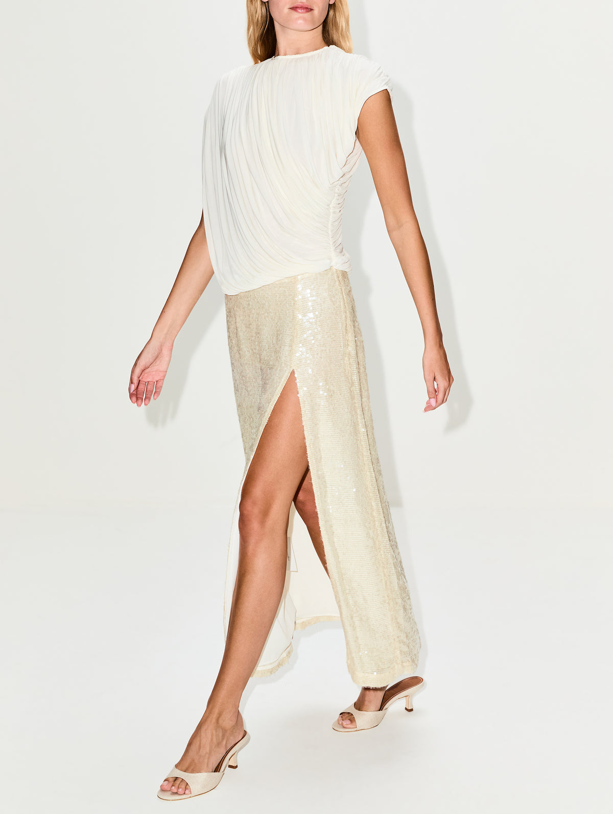 Sequin High Waist Skirt,LAPOINTE,CREAM,Image 3