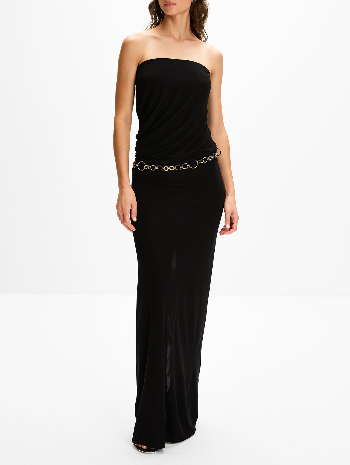 Christopher Esber Tortoise Chain Link Strapless Drape Dress in Black