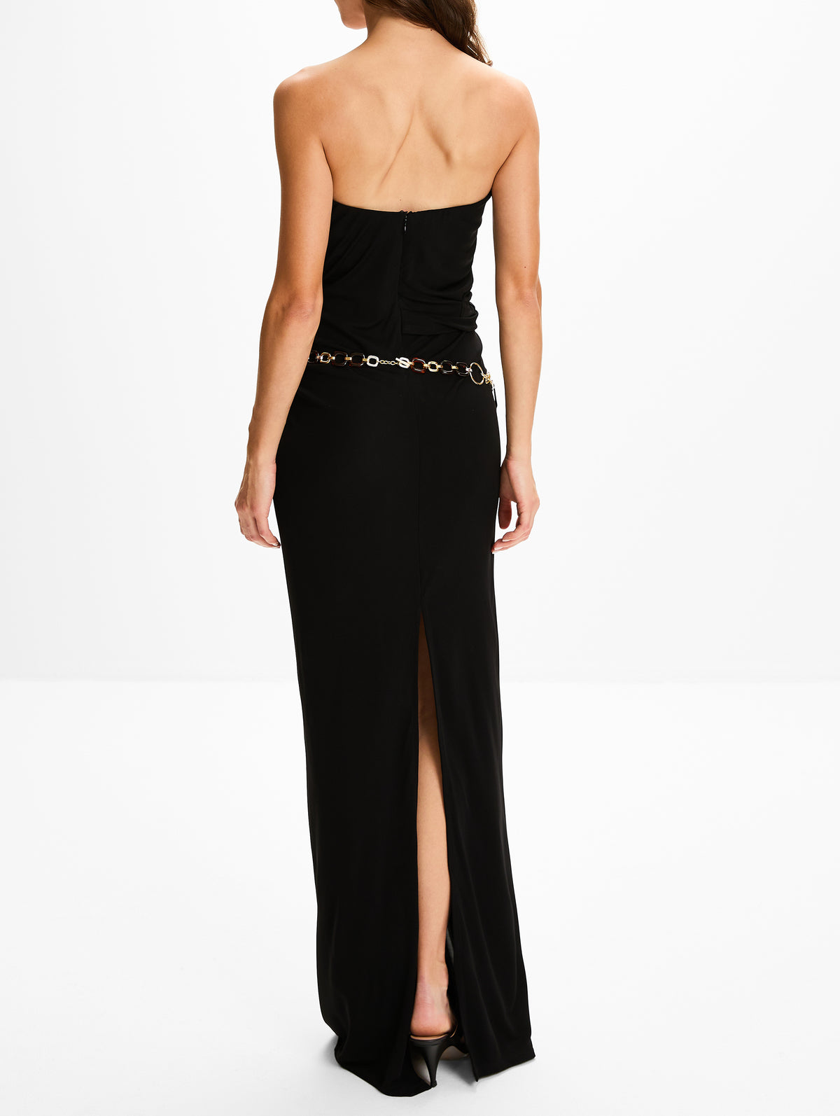 Christopher Esber Tortoise Chain Link Strapless Drape Dress in Black