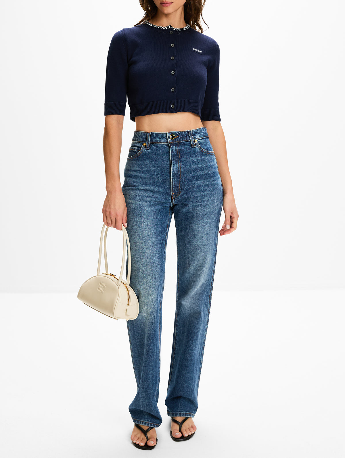 Cropped Cardigan,MIU MIU,BLUE WHITE,Image 2