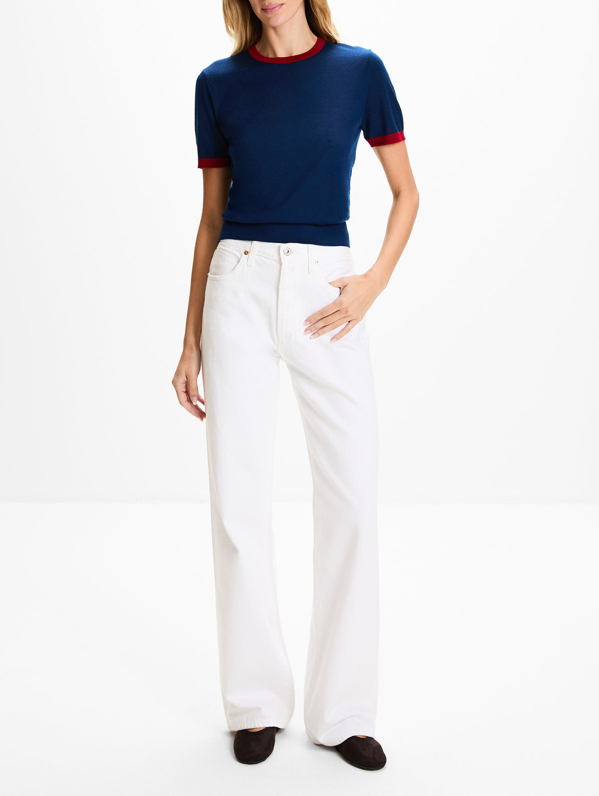 Airy Ringer Tee,GUEST IN RESIDENCE,NAVY/CARMINE,Image 2