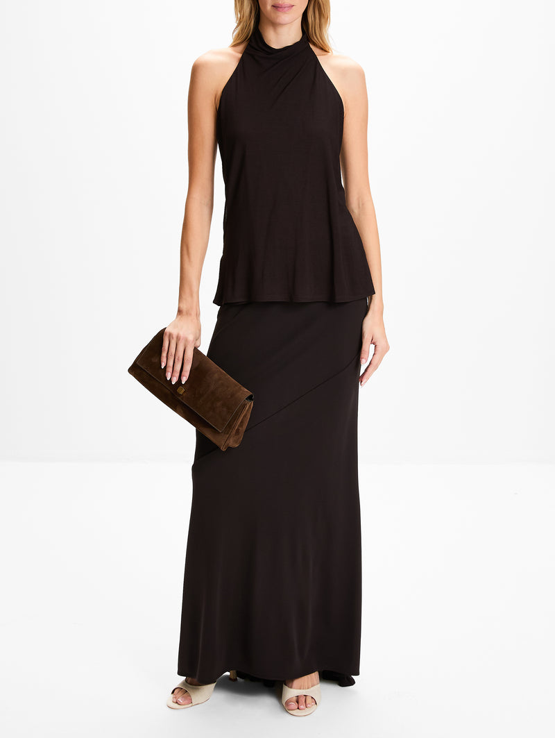 flowy halter top dress White halter top flowy maxi dress with gold necklace