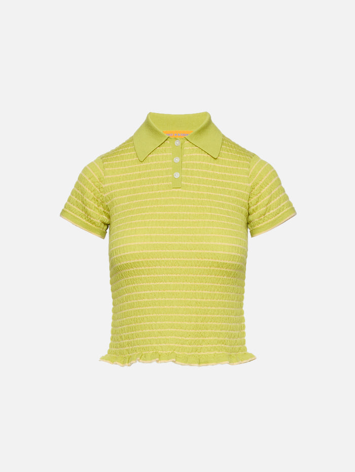 Smocked Shrunken Polo Top,GUEST IN RESIDENCE,EVOO/BUTTER,Image 1