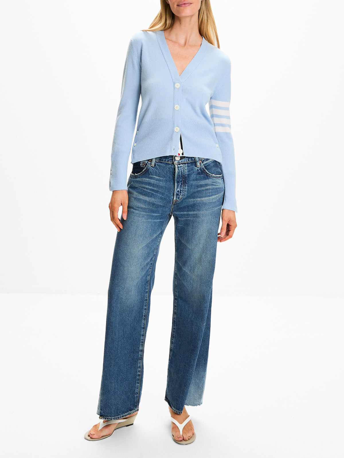 Classic Vneck Cardigan,THOM BROWNE,LIGHT BLUE,Image 2