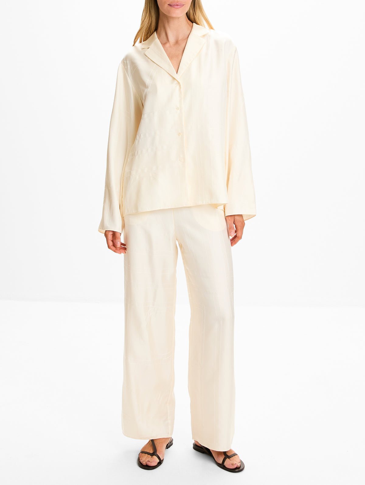 Monogram Silk Pj Top,TOTÉME,CREAM,Image 2