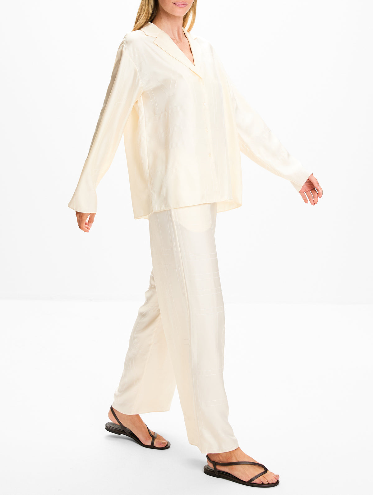 Monogram Silk Pj Bottom,TOTÉME,CREAM,Image 3