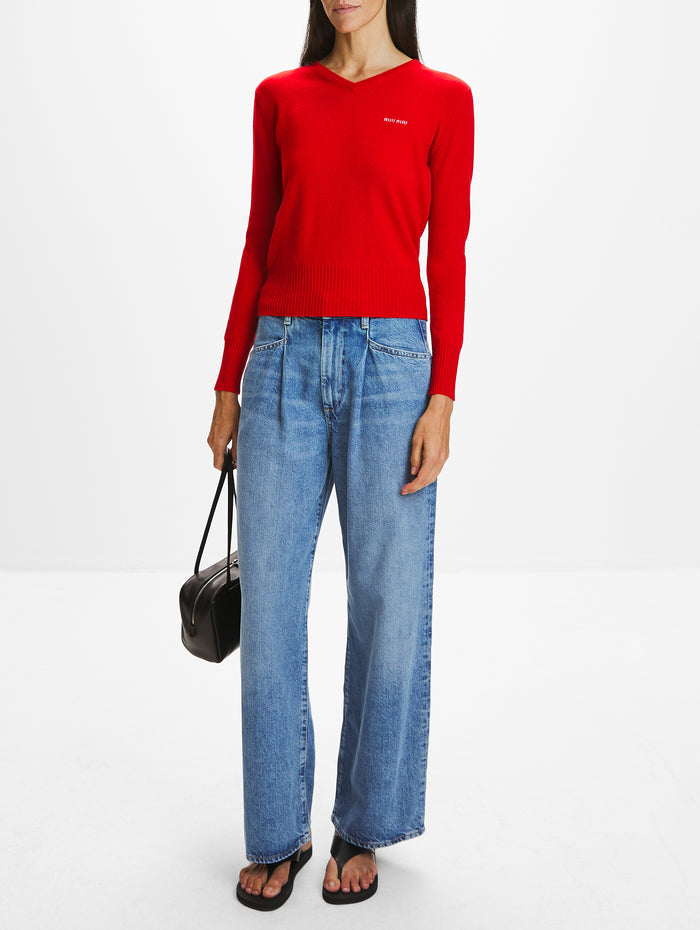 V-Neck Sweater,MIU MIU,RED,Image 1