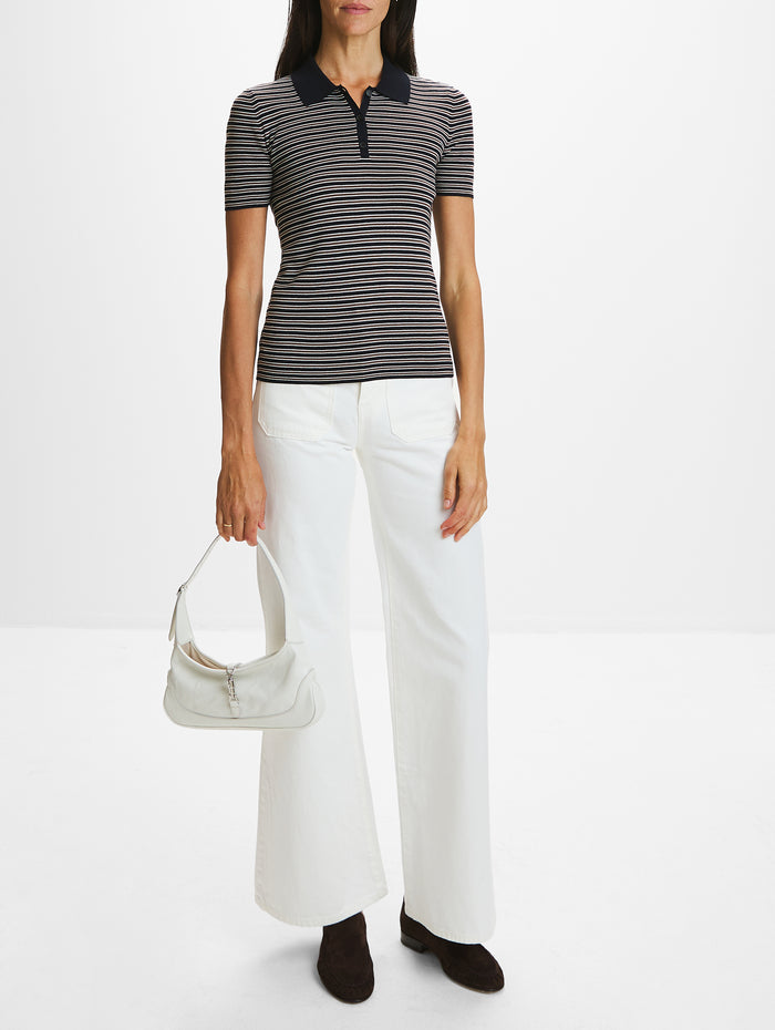 Gemmatta Stripe Polo Top,NILI LOTAN,DARK NAVY/BROWN,Image 1