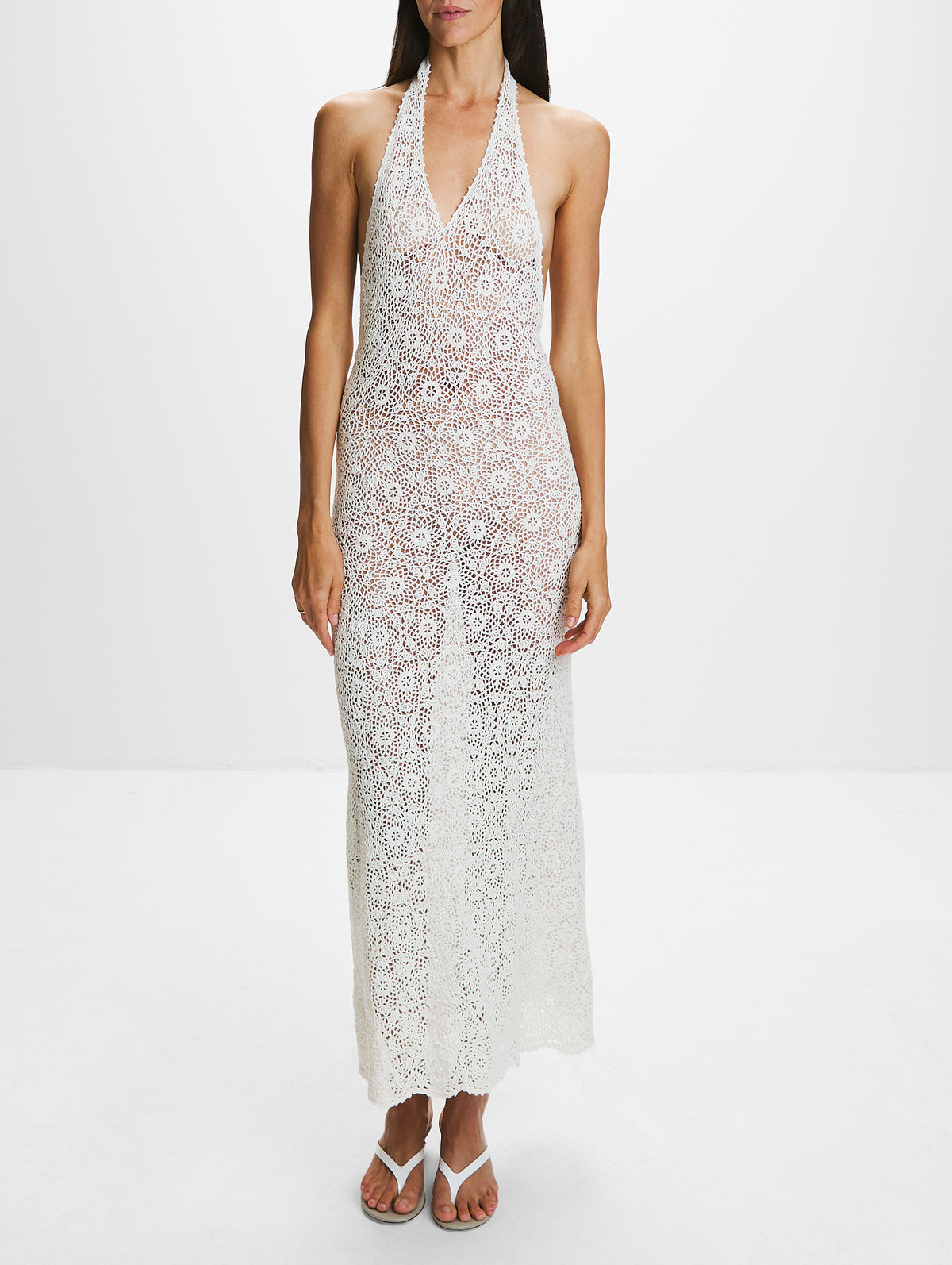 Eddie Knit Halter Dress,NILI LOTAN,IVORY,Image 2