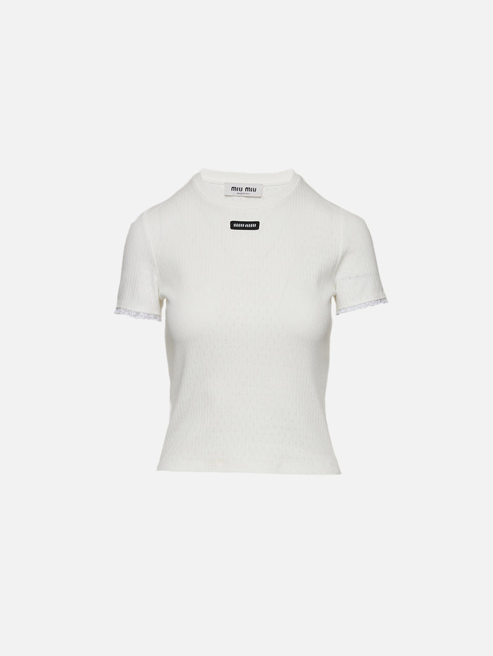 Pointelle T Shirt,MIU MIU,BIANCO,Image 1