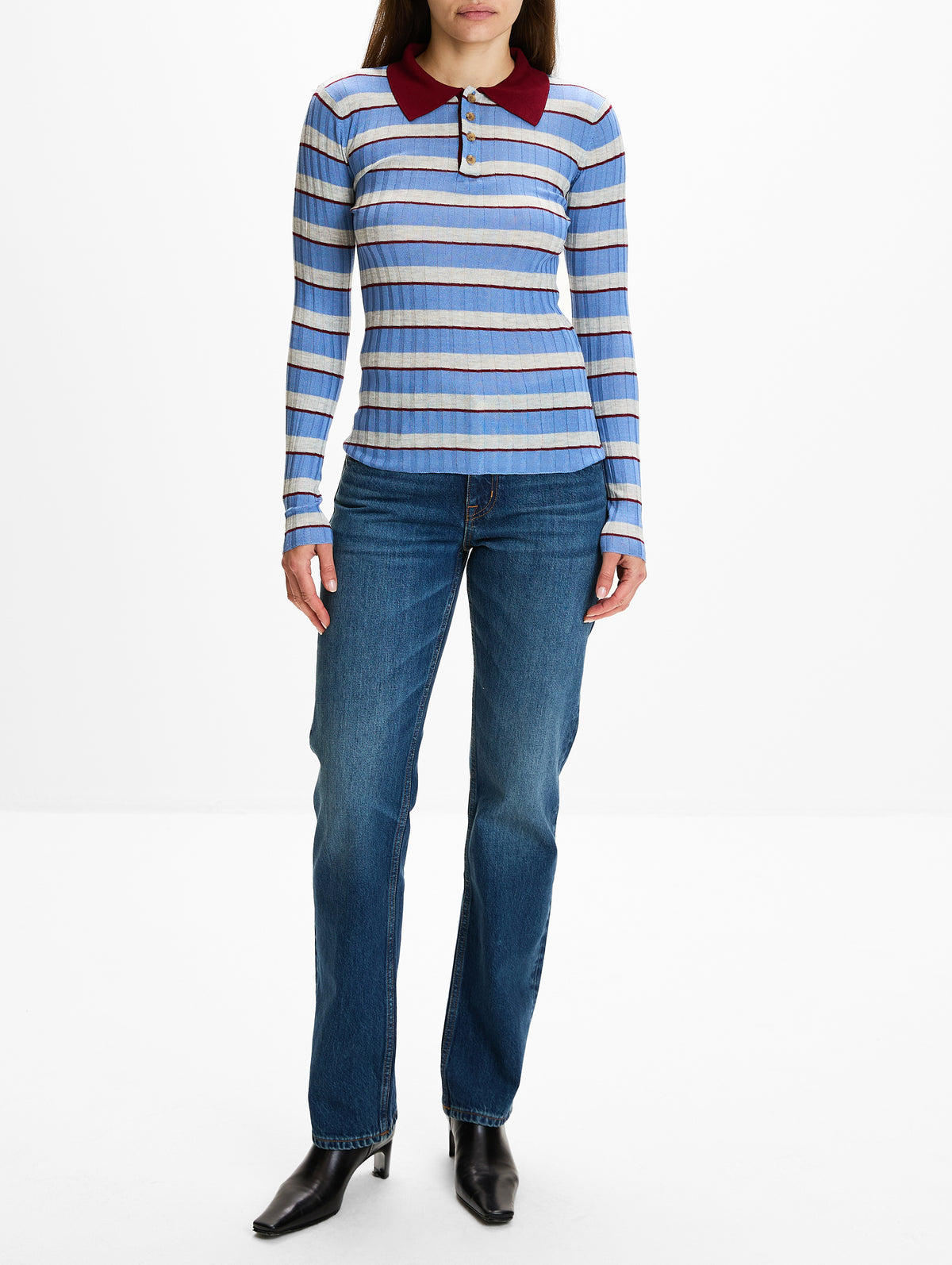 Joni Knit Polo Top,BRANDON MAXWELL,BLUE STRIPE,Image 2