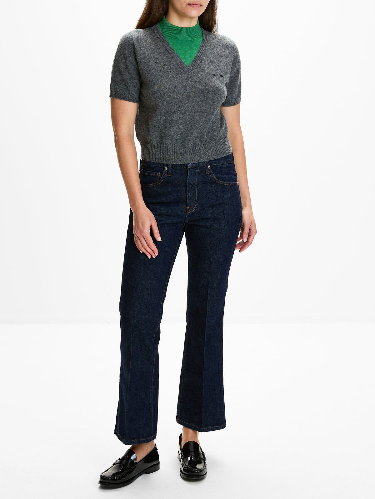 Layered Cropped Sweater,MIU MIU,SLATE GREEN,Image 2