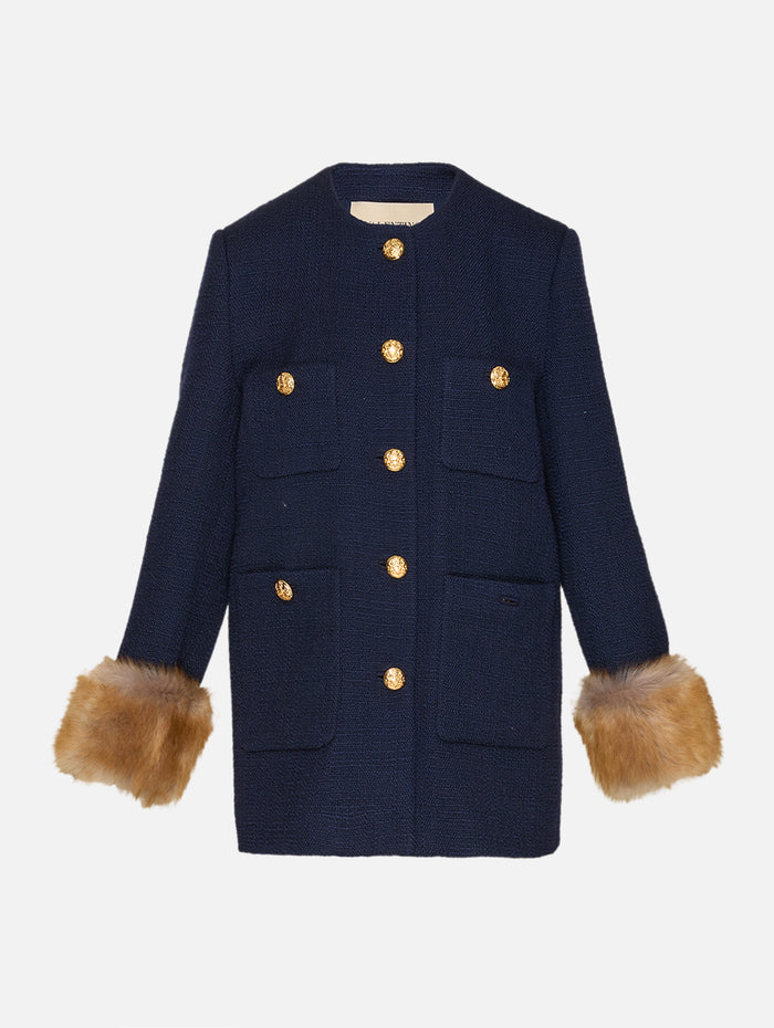 Tweed Long Coat,VALENTINO GARAVANI,NAVY,Image 1