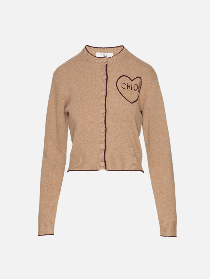 Heart Logo Cardigan,CHLOÉ,BLEACHED BROWN,Image 1