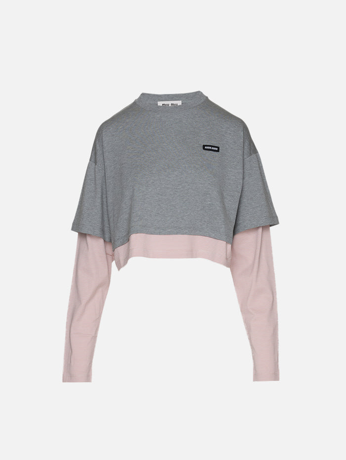 Layered Cropped Top,MIU MIU,GREY,Image 1