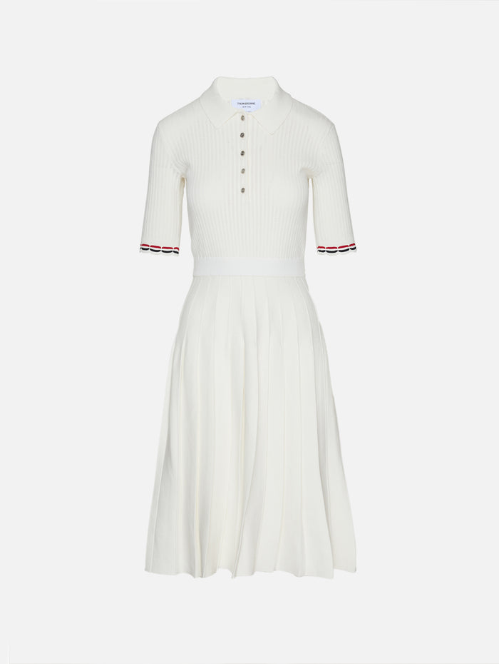 Pointelle Polo Dress,THOM BROWNE,WHITE,Image 1