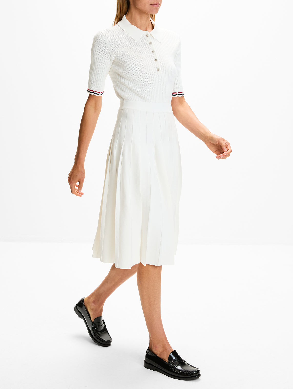 Pointelle Polo Dress,THOM BROWNE,WHITE,Image 3