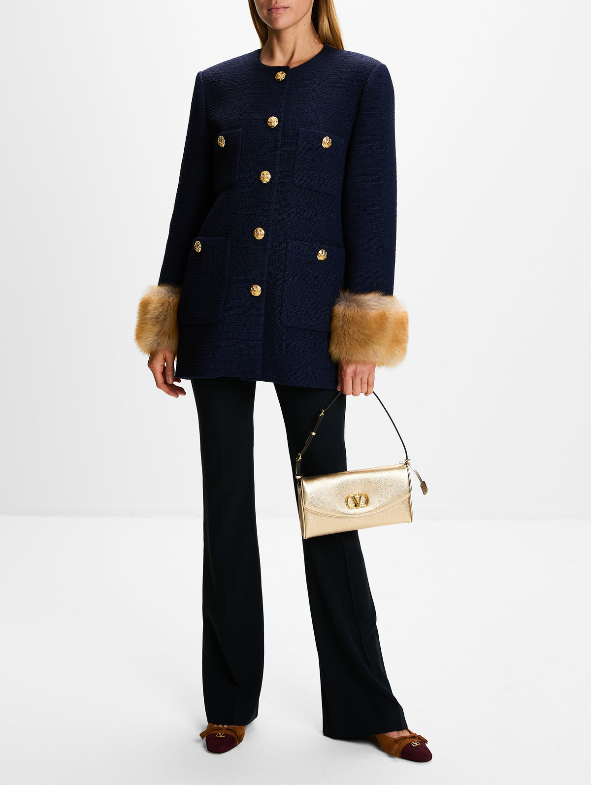Tweed Long Coat,VALENTINO GARAVANI,NAVY,Image 2