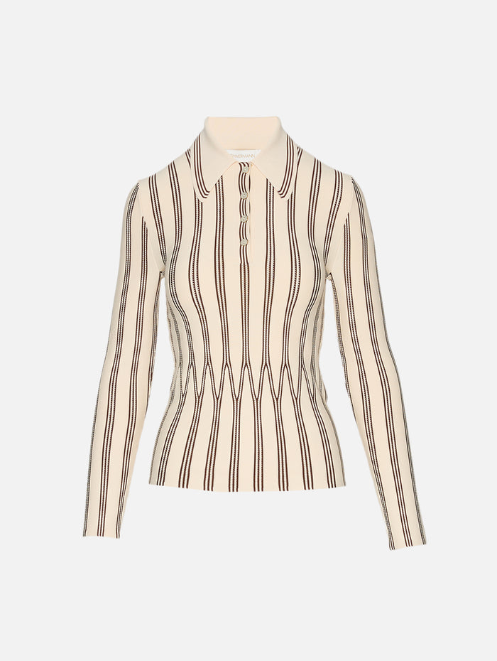 Valiant Striped Polo Top,ZIMMERMANN,CREAM/CHOCOLATE,Image 1