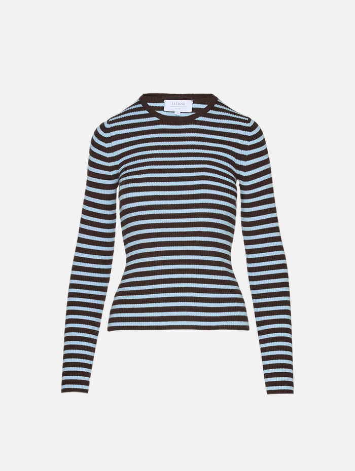 Striped Fitted Sweater,LA LIGNE,CHOCOLATE/SKY,Image 1