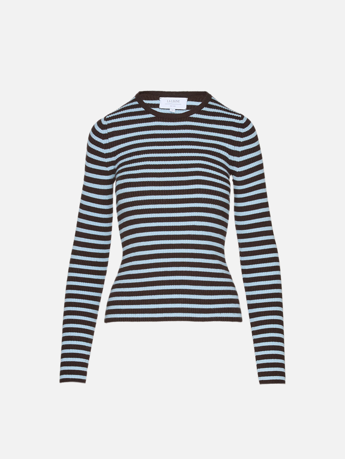 Striped Fitted Sweater,LA LIGNE,CHOCOLATE/SKY,Image 2