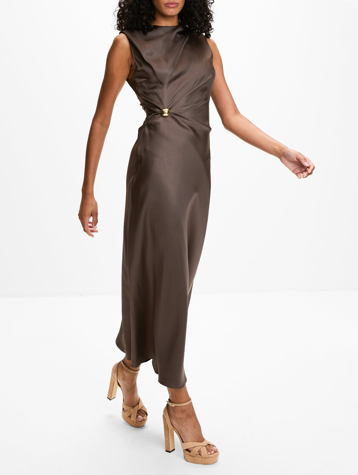 Roan Sleeveless Draped Dress,LOULOU DE SAISON,DARK BROWN,Image 3