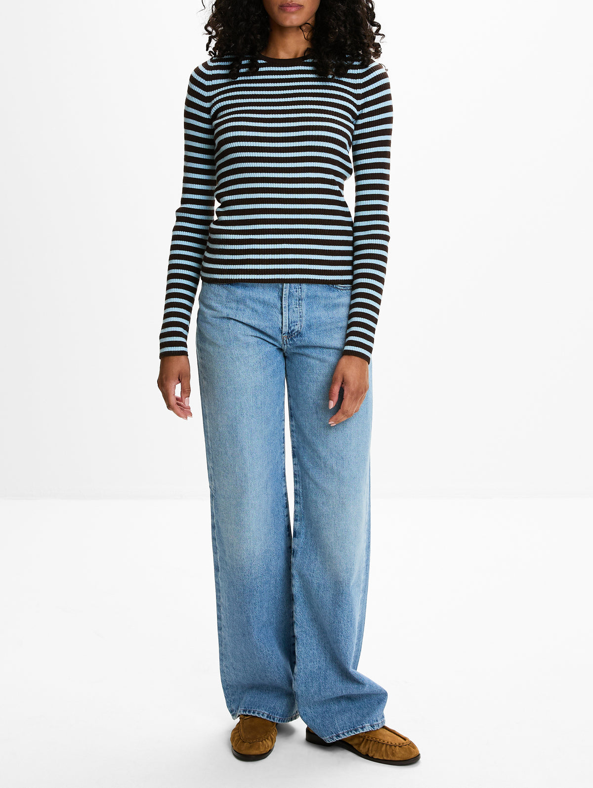 Striped Fitted Sweater,LA LIGNE,CHOCOLATE/SKY,Image 2