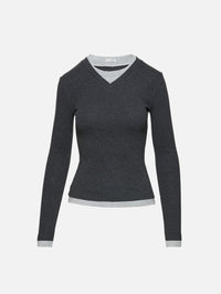 V Neck Long Sleeve Top,ST AGNI,CHARCOAL MELANGE,Image 1
