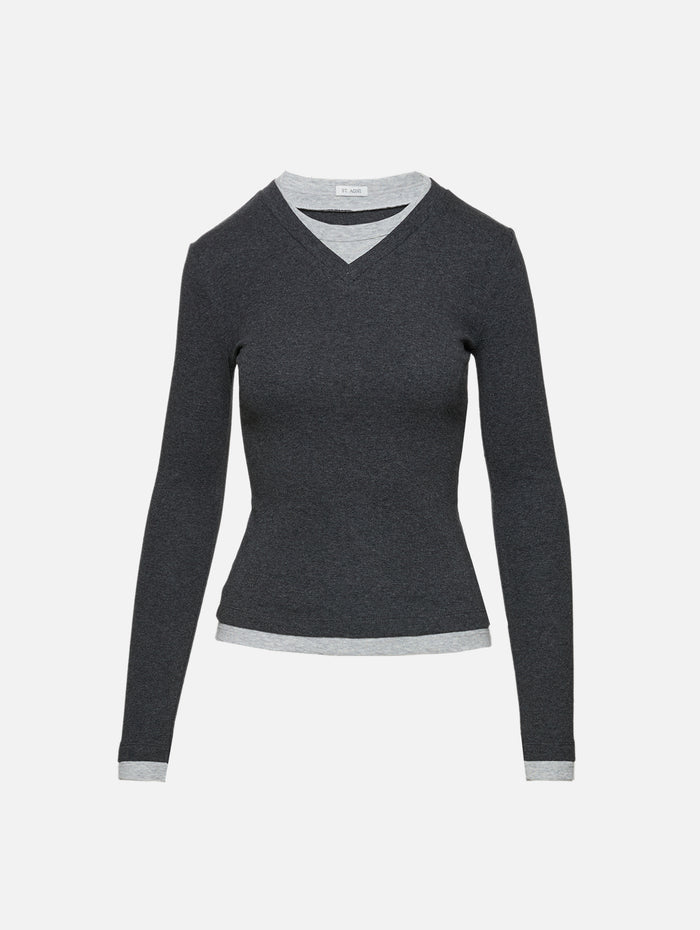 V Neck Long Sleeve Top,ST AGNI,CHARCOAL MELANGE,Image 1