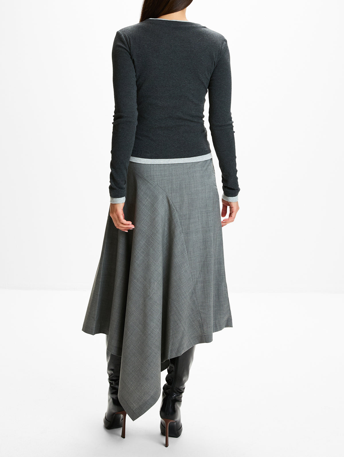 V Neck Long Sleeve Top,ST AGNI,CHARCOAL MELANGE,Image 3