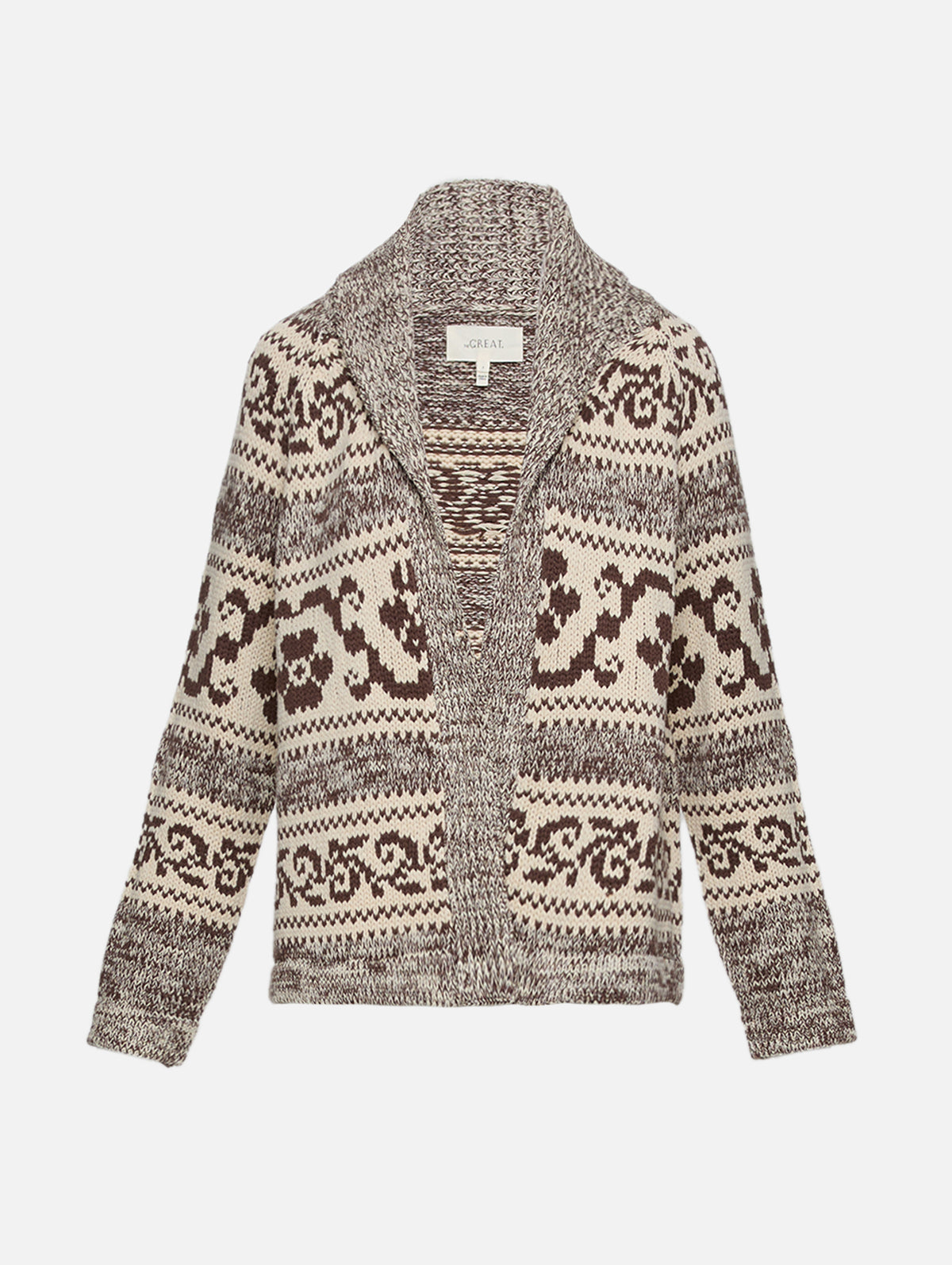 Nordic Flower Lodge Cardigan,THE GREAT,MARLED CHESTNUT,Image 1