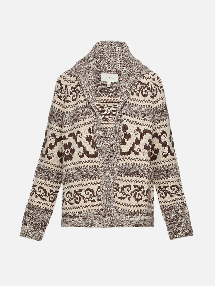 Nordic Flower Lodge Cardigan,THE GREAT,MARLED CHESTNUT,Image 1