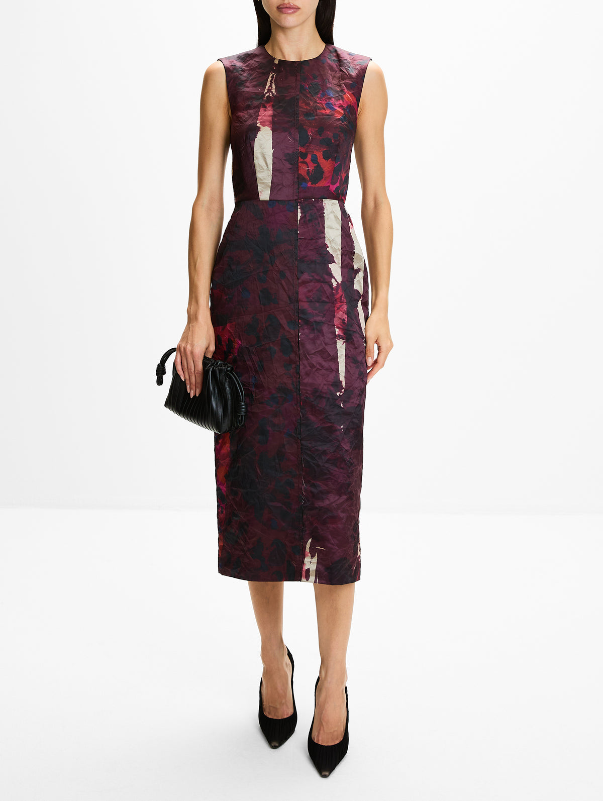 Satin Sleeveless Midi Dress,ERDEM,PATCHWORK BURGUNDY,Image 2