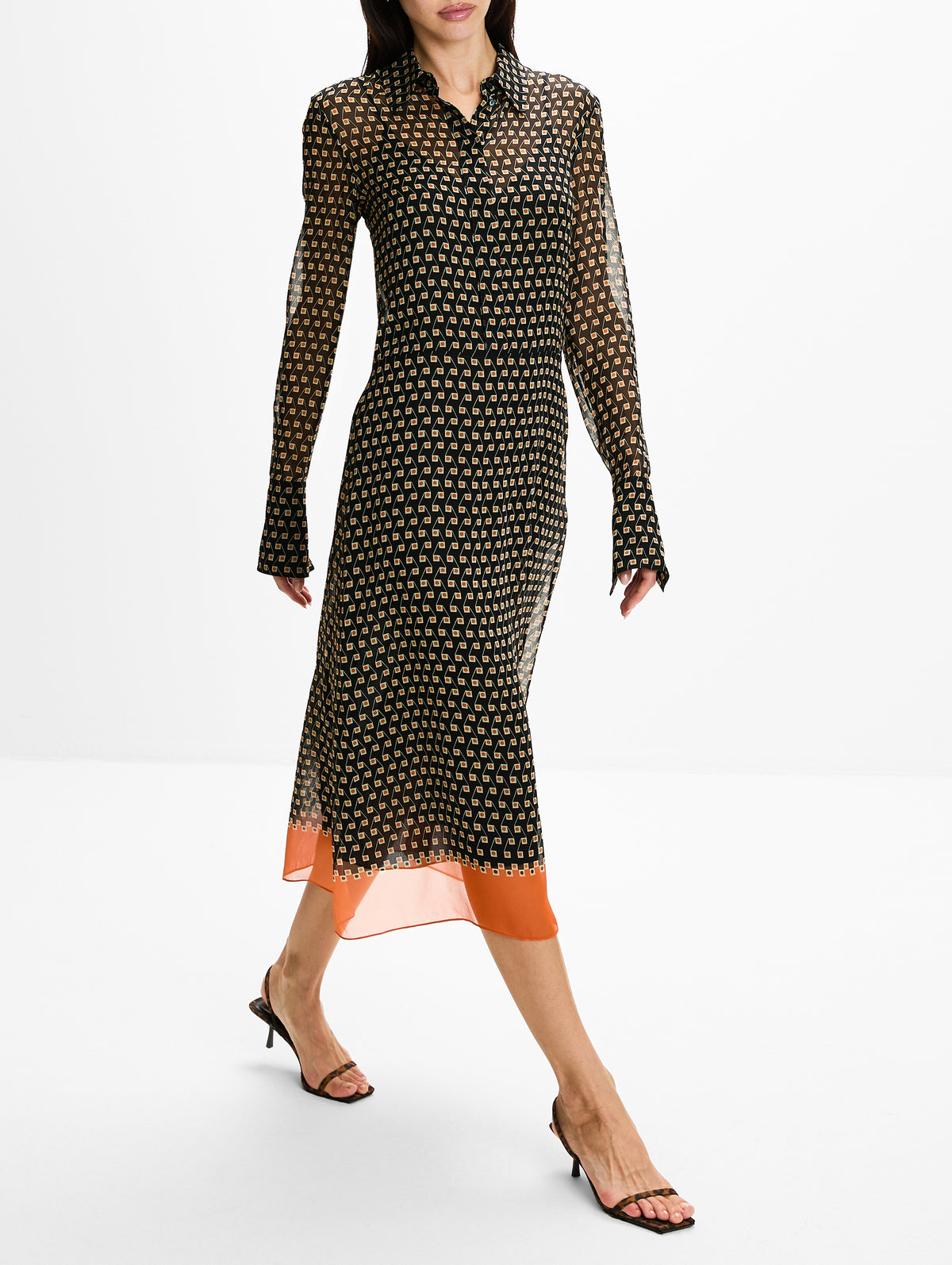 Geometric Print Dress,FENDI,ORANGE/BLACK,Image 3