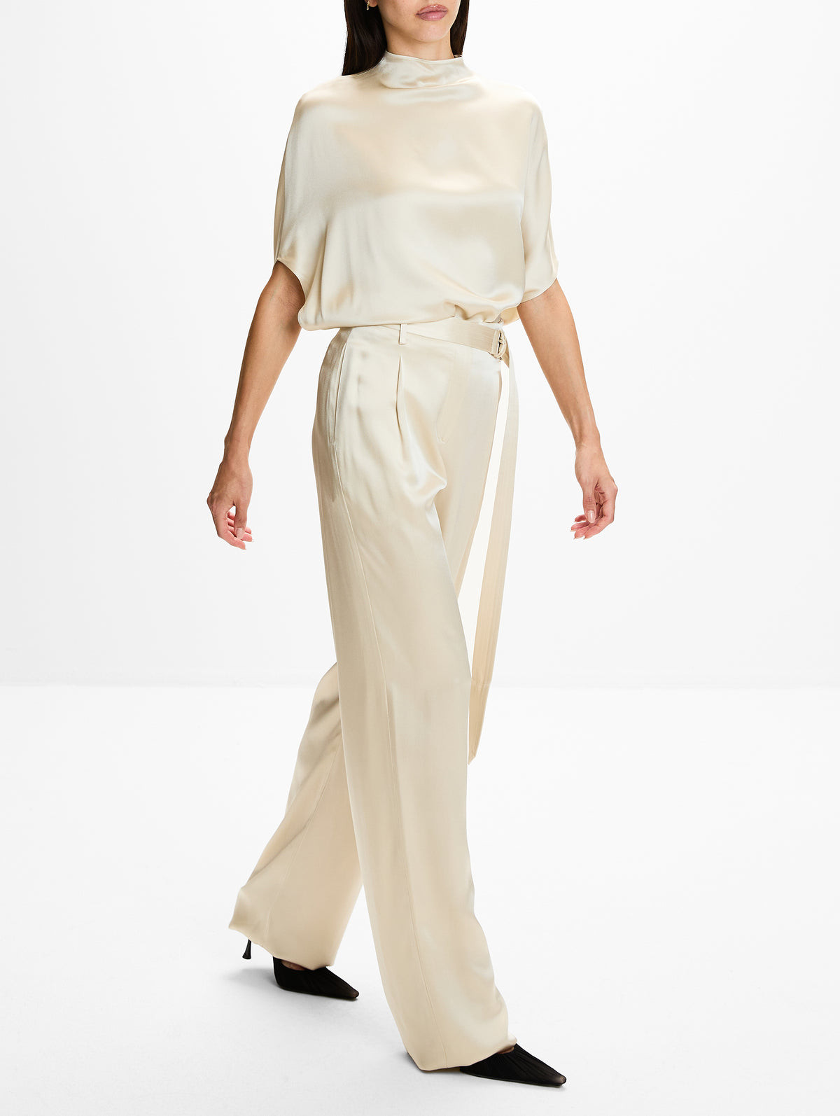 Satin Belted Pant,LAPOINTE,SAND,Image 3