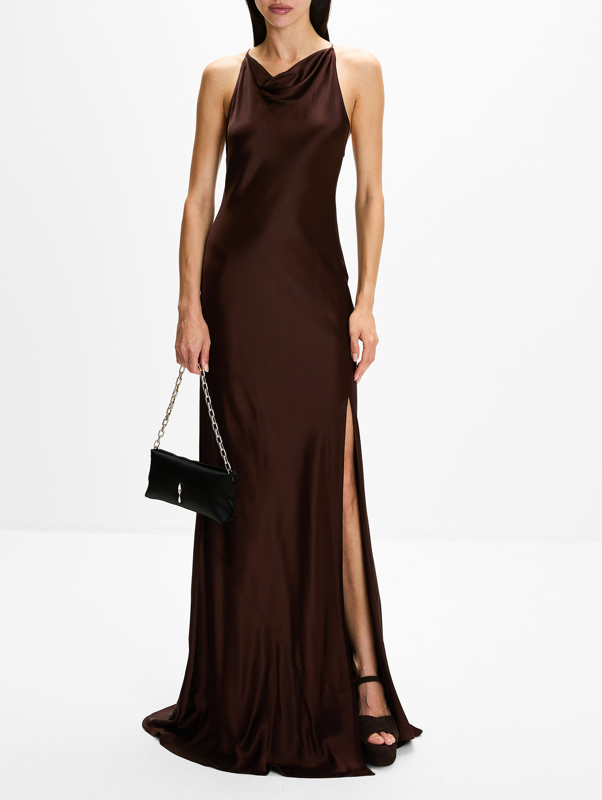 Satin Halter Gown,LAPOINTE,CHOCOLATE,Image 2