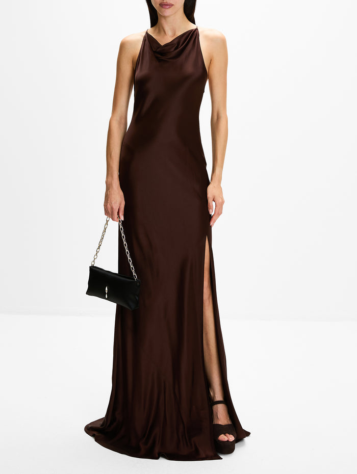 Satin Halter Gown,LAPOINTE,CHOCOLATE,Image 1