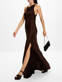 Satin Halter Gown,LAPOINTE,CHOCOLATE,Image 3