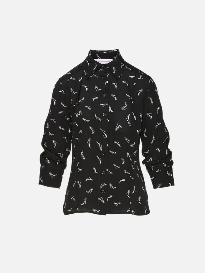 Button Up Blouse,CAROLINA HERRERA,BLACK/IVORY,Image 1
