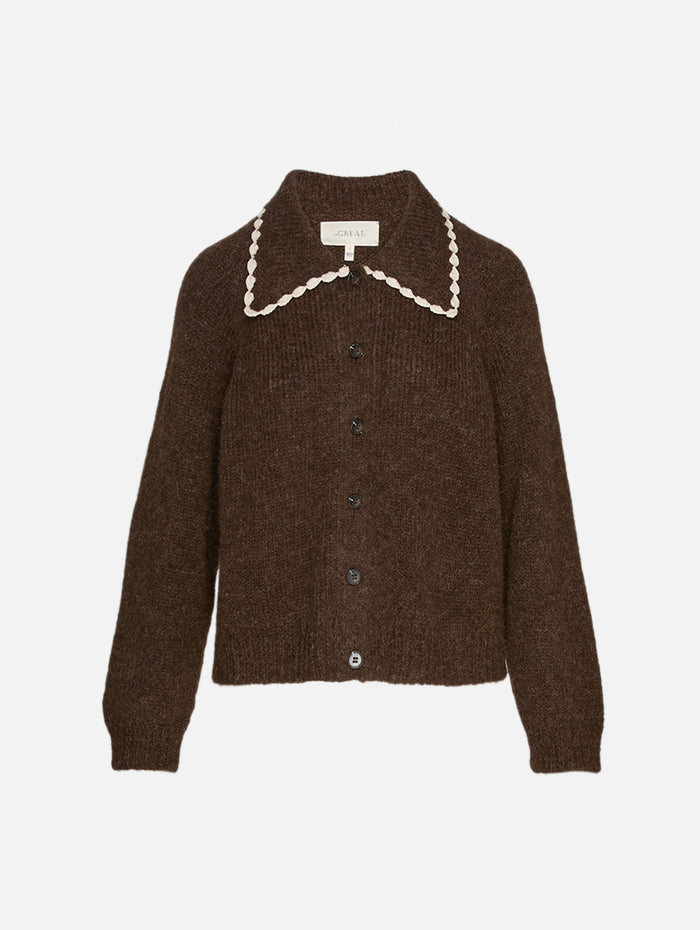 Crochet Collar Cardigan,THE GREAT,CHOCOLATE BROWN,Image 1