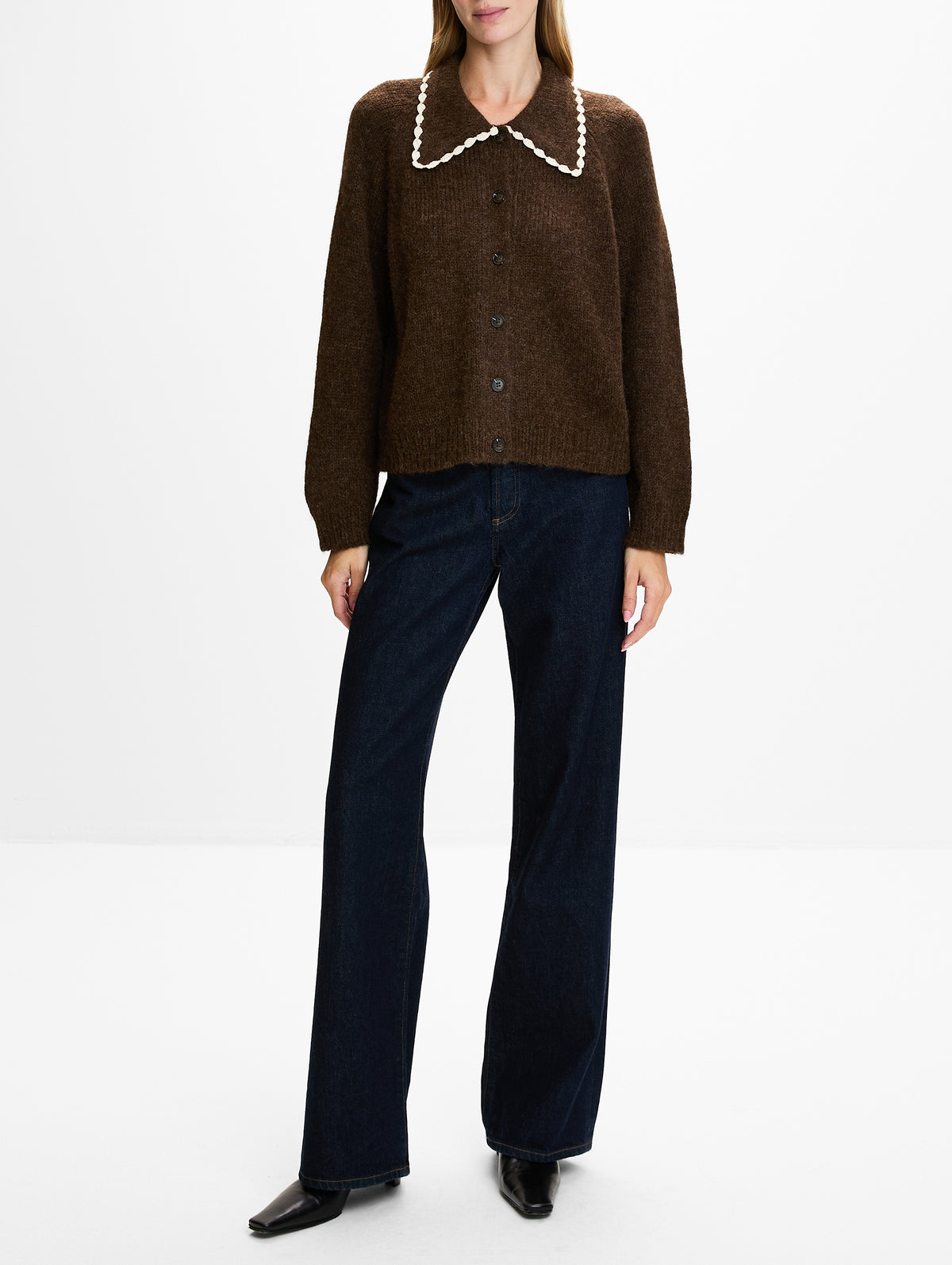 Crochet Collar Cardigan,THE GREAT,CHOCOLATE BROWN,Image 2